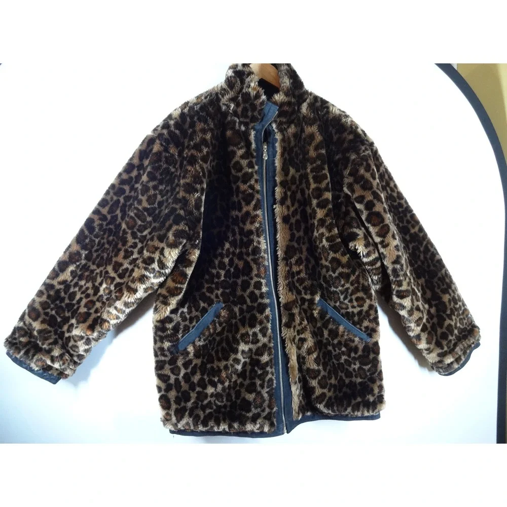 VTG Basic Editions Faux Fur Coat XL/2XL Brown Leopard Print Y2K Zip Up Reverse